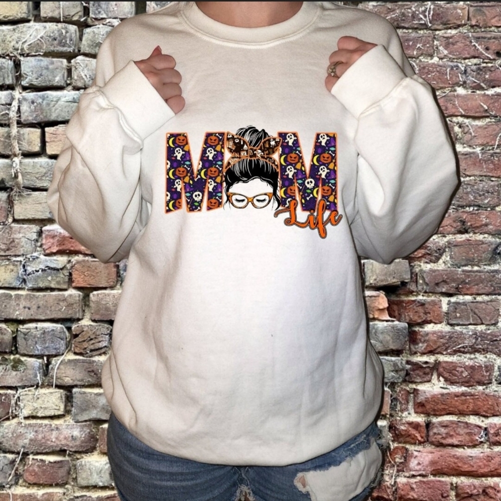 Mom Life Sweatshirt, Funny Mom Halloween Shirt,-s Shirt, Mom T-shirt, Messy Bun - Picture 1 of 3